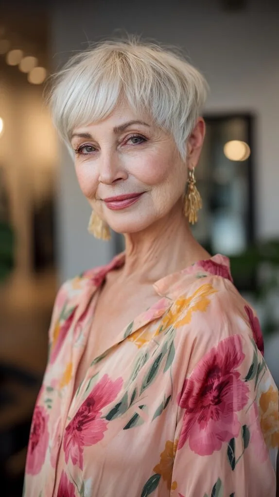 Feathered Platinum Pixie with Long Side-Swept Bangs