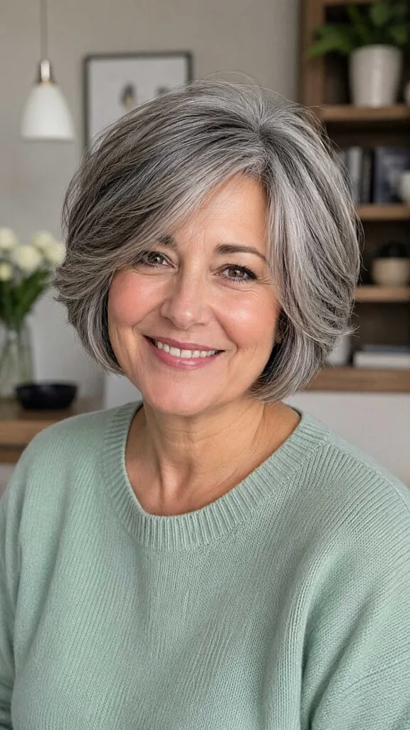 Feathered salt and pepper bob with side bangs