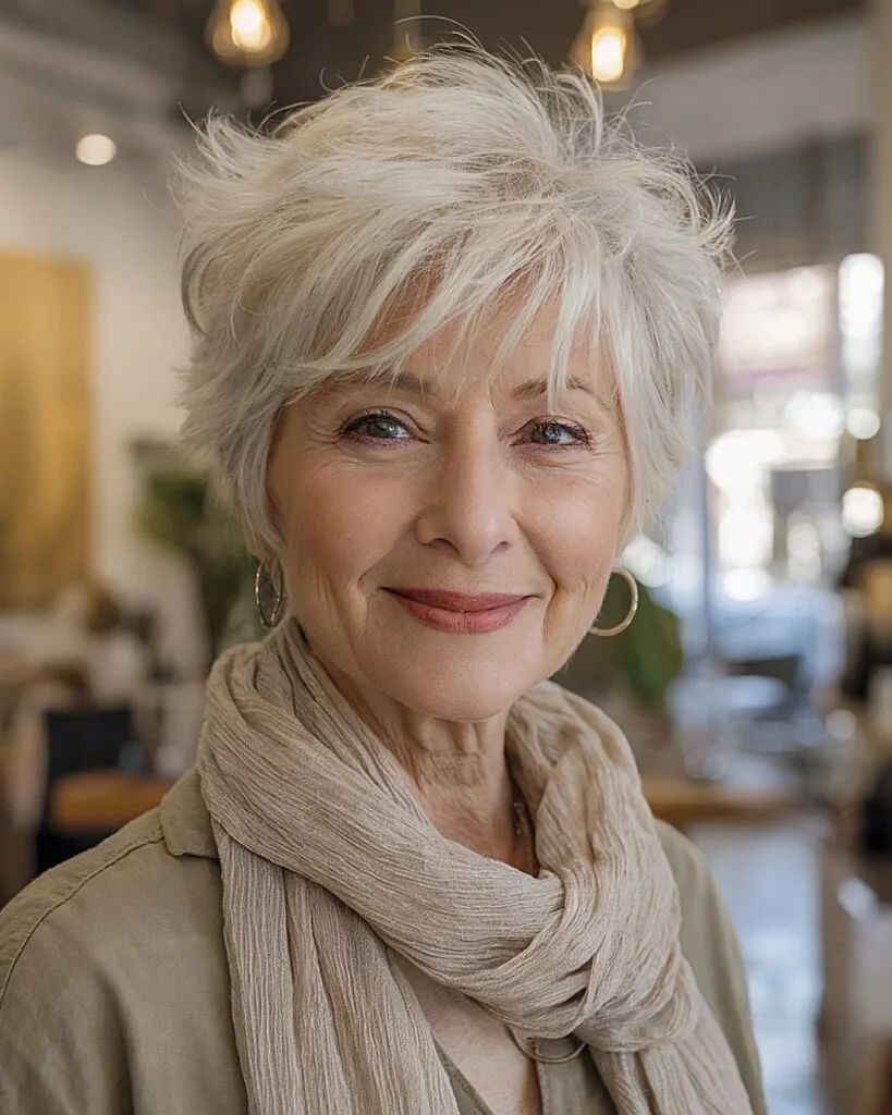 Feathered short crop for older women with white fine hair and soft layered volume