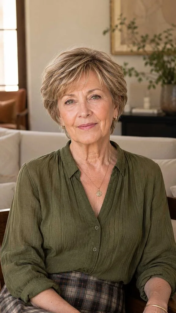 Feathered short cut with sandy highlights on light brown