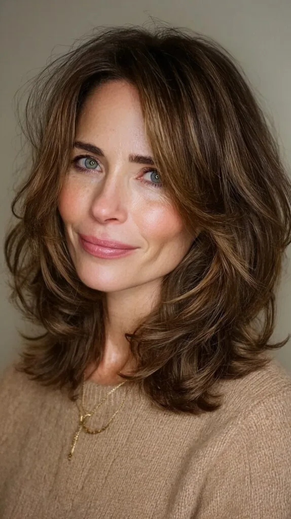 Feathered Shoulder-Length Layers with Soft Curtain Flicks