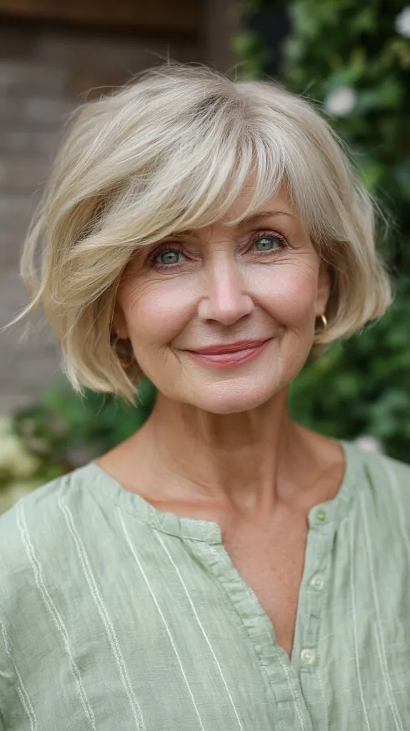 Feathered Side-Parted Blonde Chin-Length Bob with Root Shadow