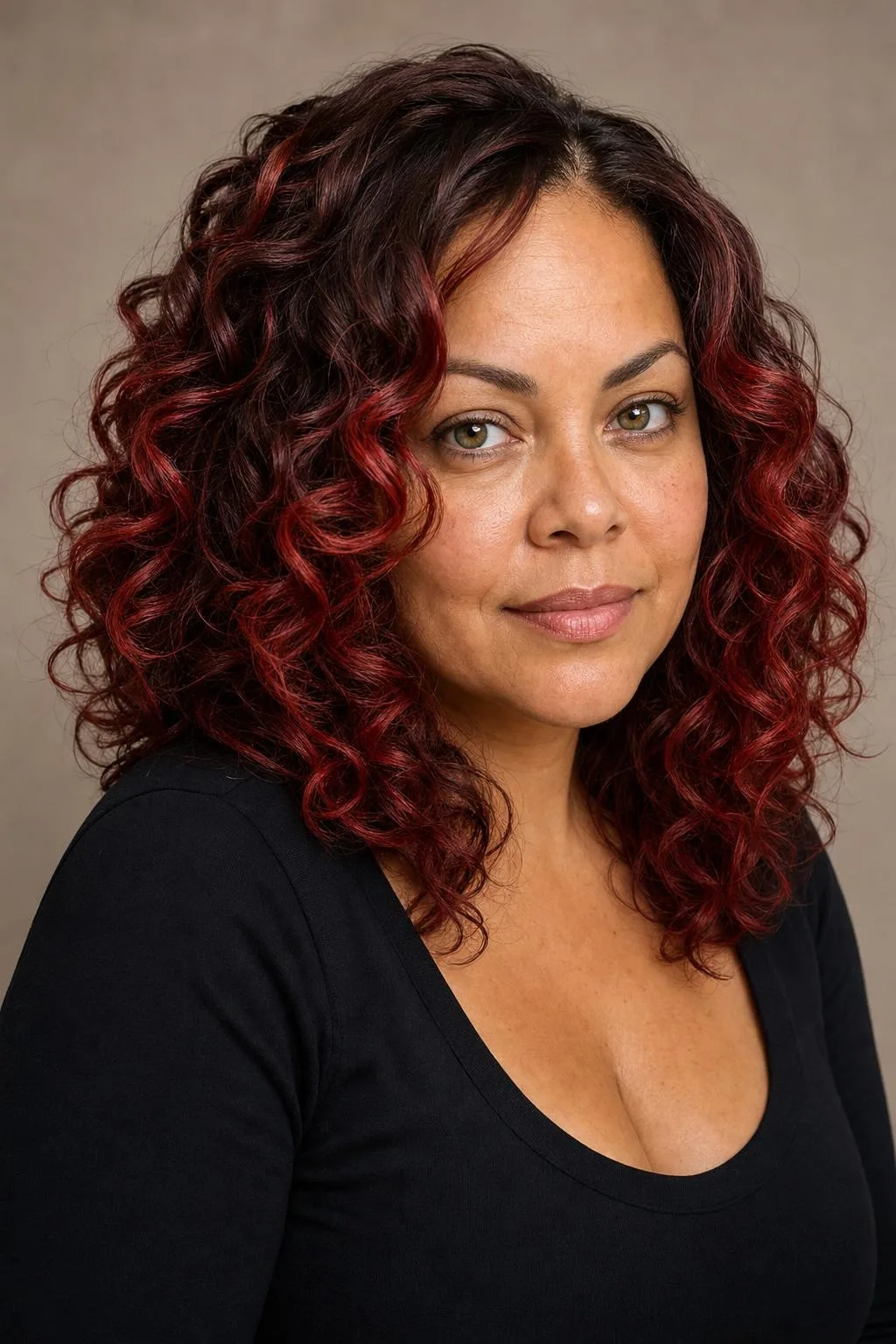Fiery Curly Brunette Red Highlights