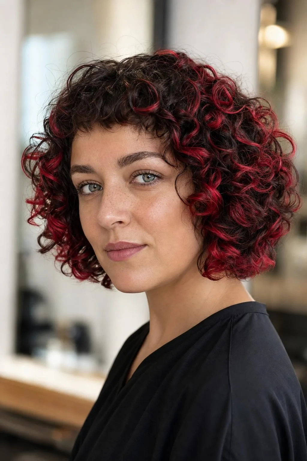 Fiery Red Highlighted Curly Bob