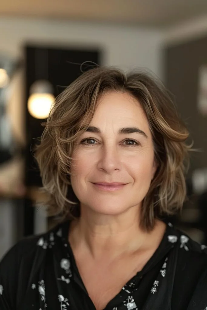 Flattering mid-length layered haircut with tousled waves and sandy blonde highlights on a woman over 50, perfect for round faces.