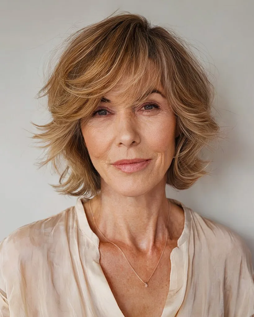 Fluffy layered shaggy bob with side-swept bangs for fine hair over 50