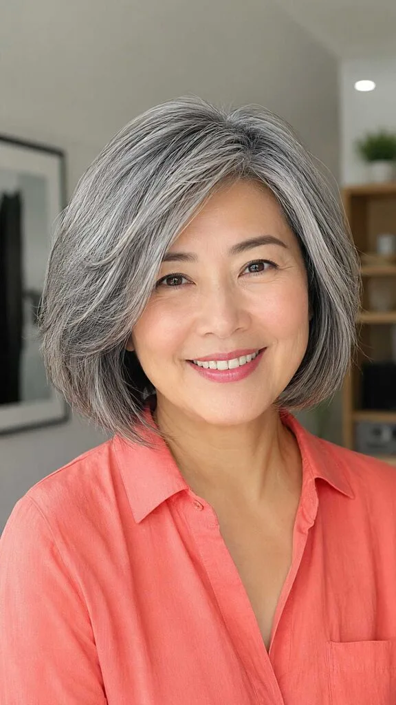Full-bodied gray bob on thick natural hair