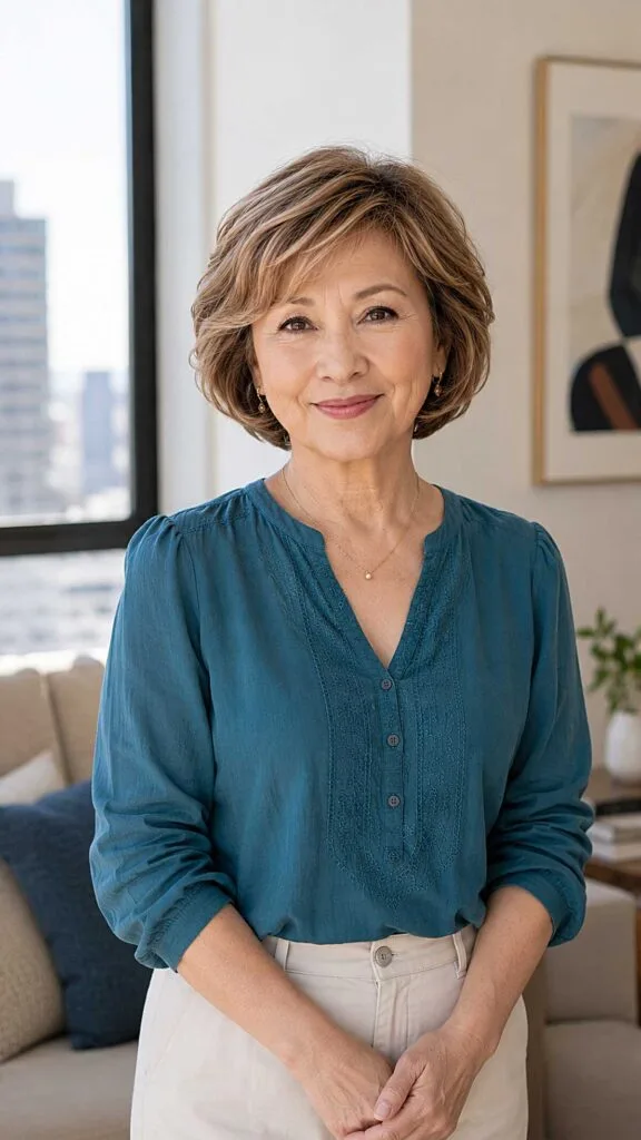 Full-bodied short bob with caramel and cream highlights