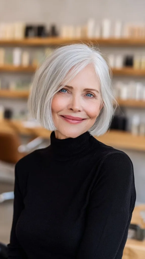 Gentle Angled Jaw-Length Square Bob with Diagonal Side Sweep