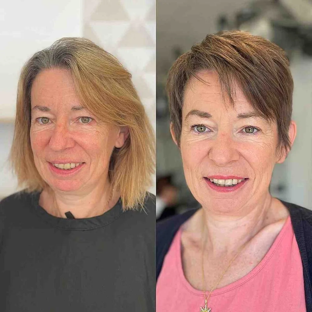 Gentle Choppy Pixie on Brunette Hair for a 50-Year-Old Lady