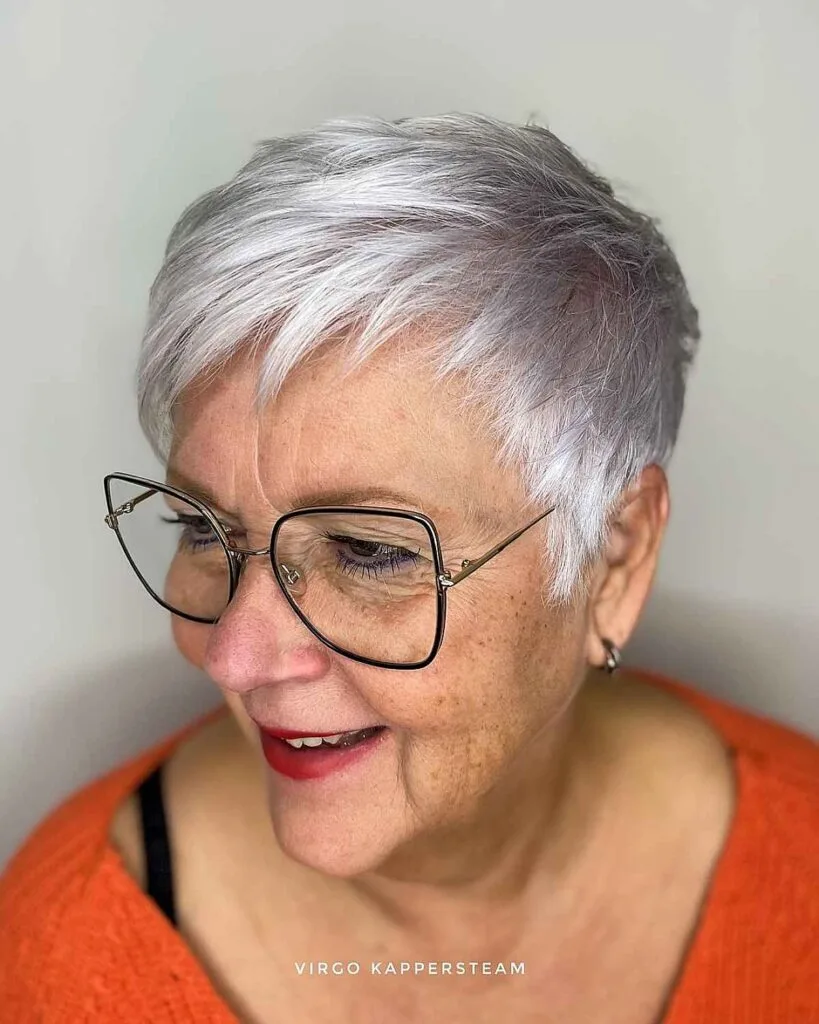 gentle grey pixie with feathered bangs