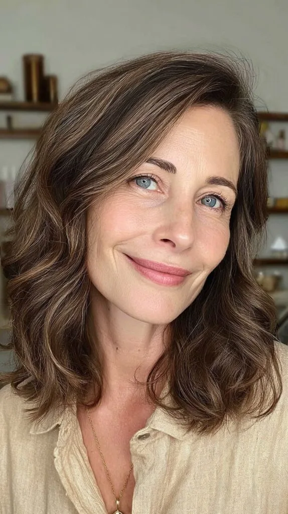 Glossy Ash-Brown Shoulder-Grazing Waves with Face-Framing Layers
