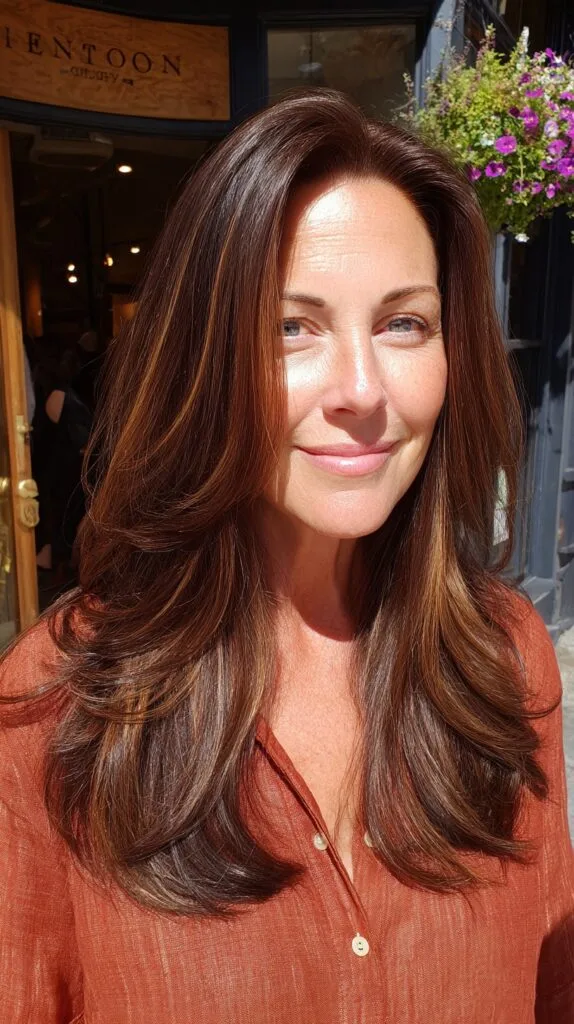 Glossy Chestnut Long Layers with Face‑Framing Babylights