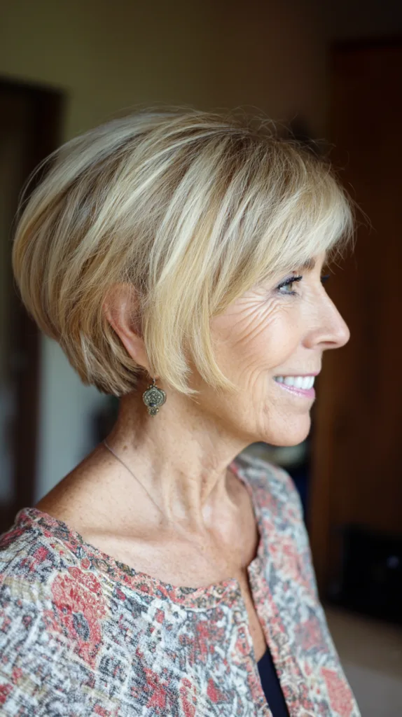 Golden blonde tight stacked bob with full bangs