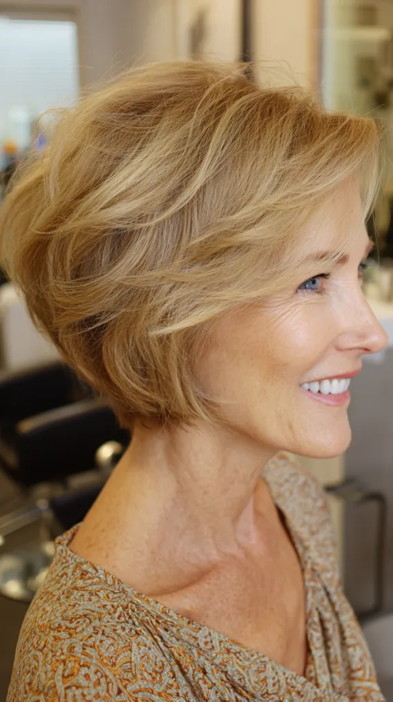 Golden honey wavy stacked bob with crown volume