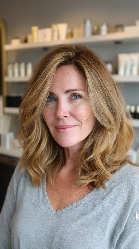 Golden Root-Blend Mid-Length Layers with Face-Framing Flicks