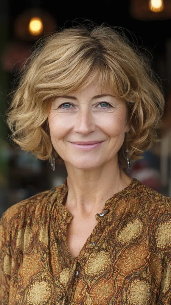 Golden Textured Chin-Length Layers with Natural Crown Lift