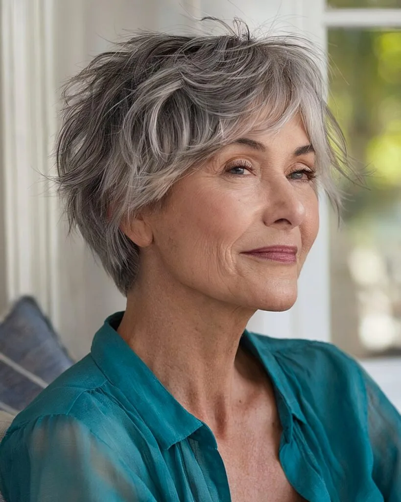 Gray shaggy pixie bob with tapered nape and layered crown for fine hair over 50