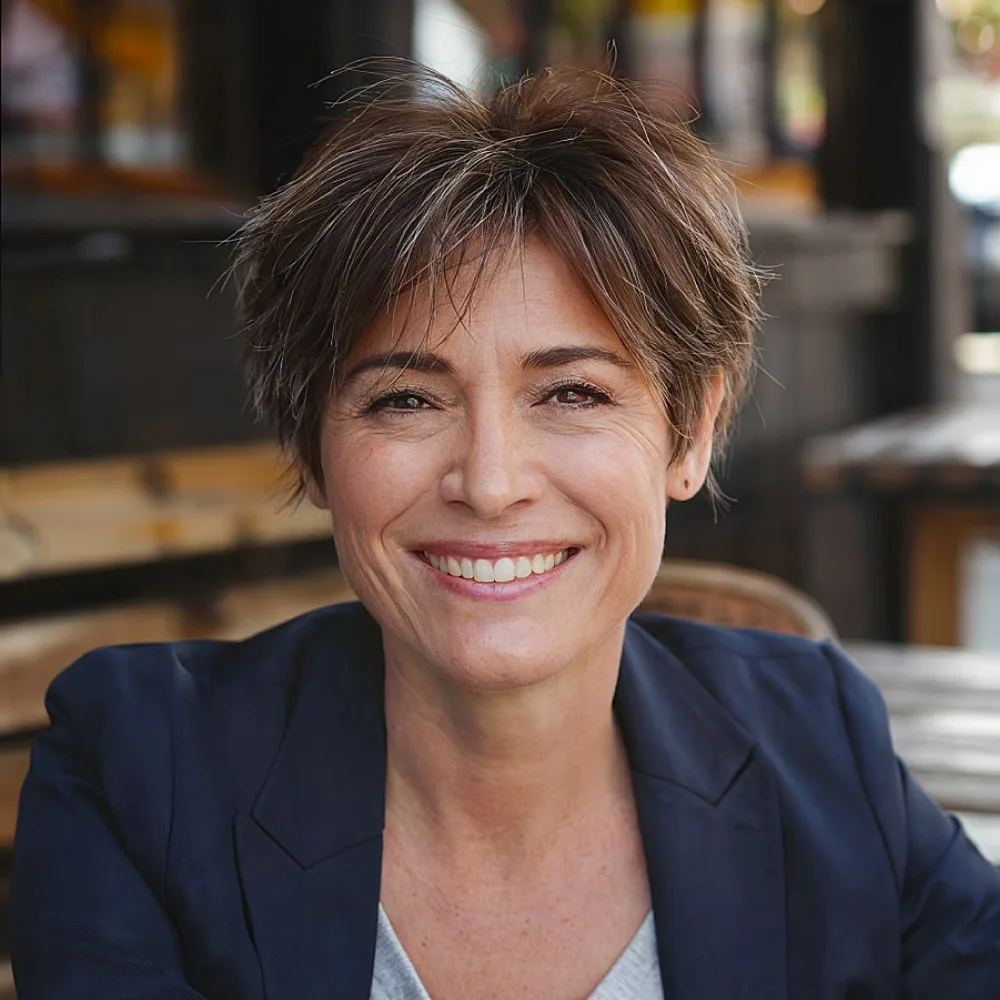 Grown-out pixie shag with layered texture for women over 40, featuring soft volume and movement