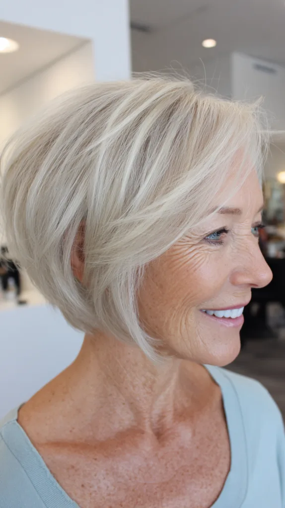 Icy platinum sleek A-line stacked bob on woman