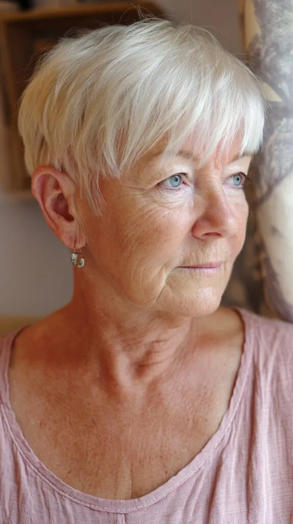 Ivory Textured Pixie with Extended Fringe and Tapered Nape