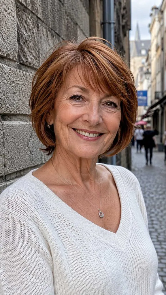 Layered Auburn Bob with Side-Swept Fringe