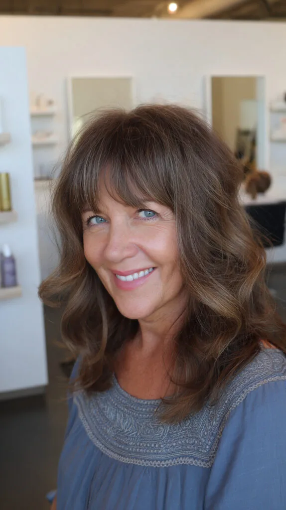 Layered Rich Chocolate Brown Waves with Soft Bangs