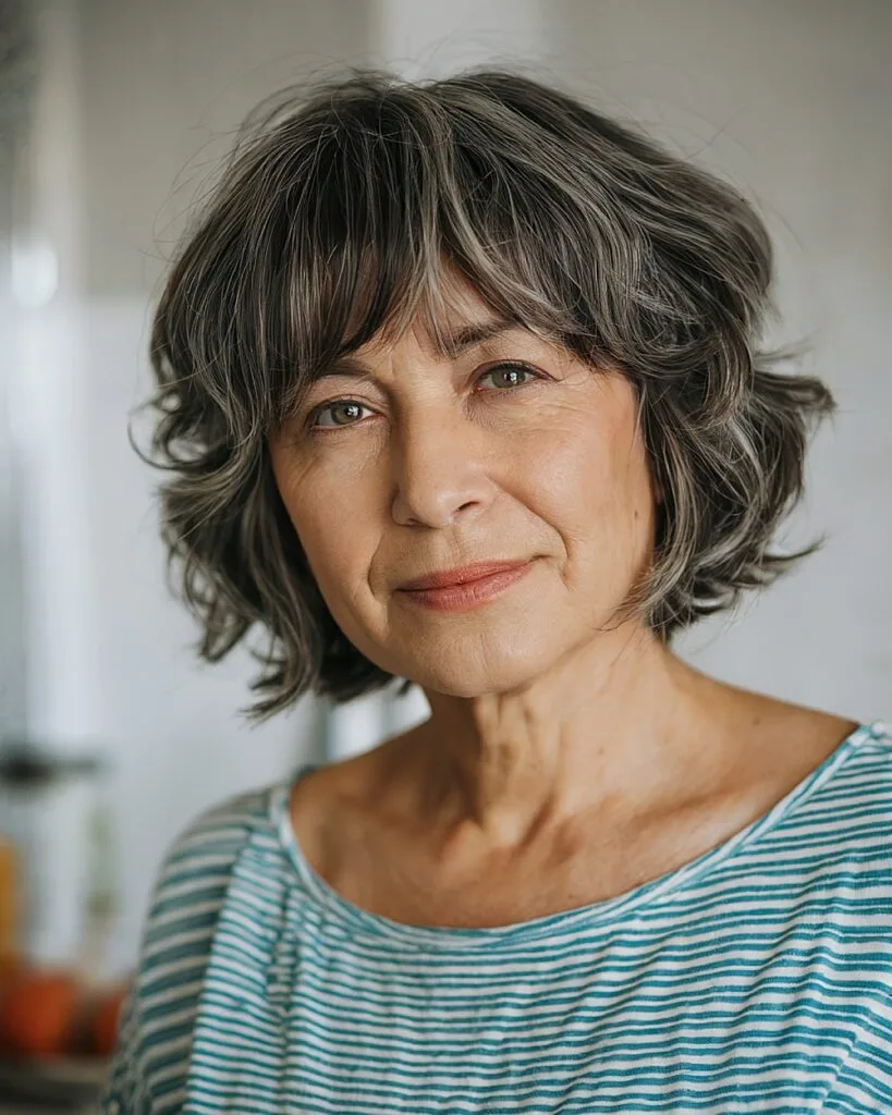 Layered shaggy bob with full bangs for fine, graying hair over 50, styled for soft volume