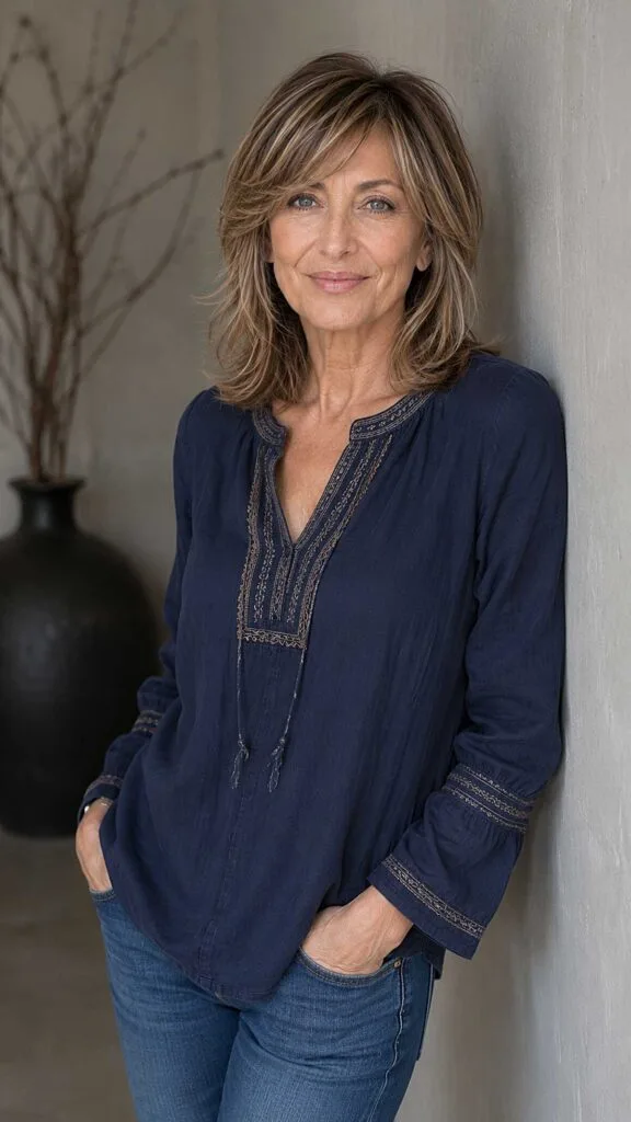 Layered shoulder-length light brown hair with champagne pieces