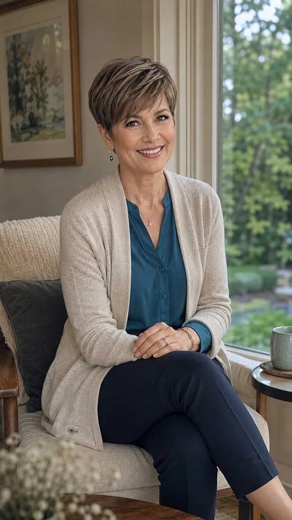 Light brunette pixie with feathered layers at the sides