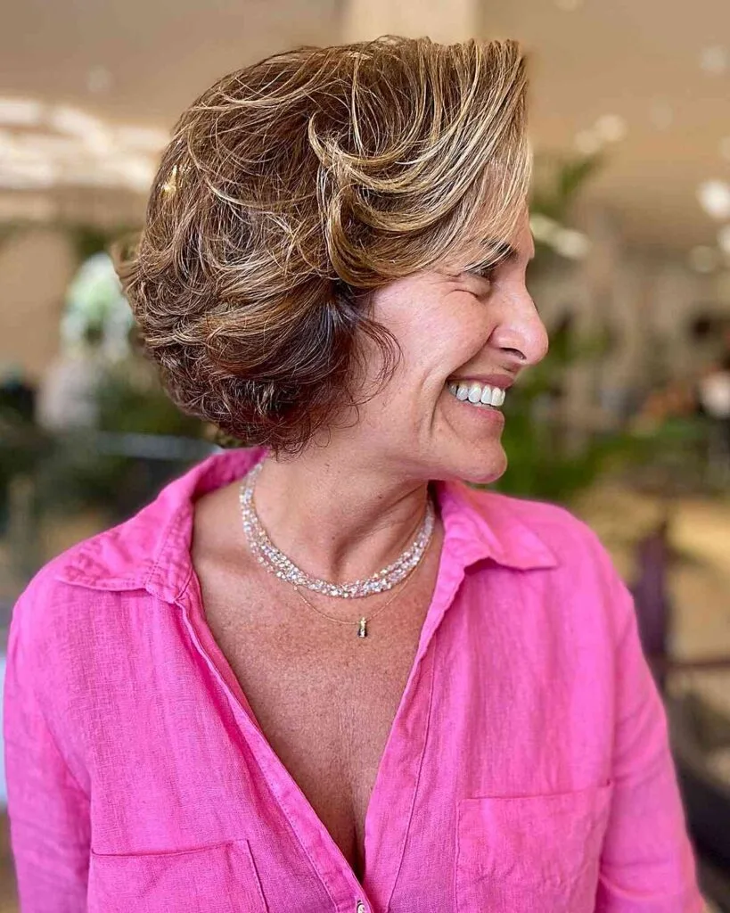 Light Caramel Short Feathered Bob for Mature Women during Fall