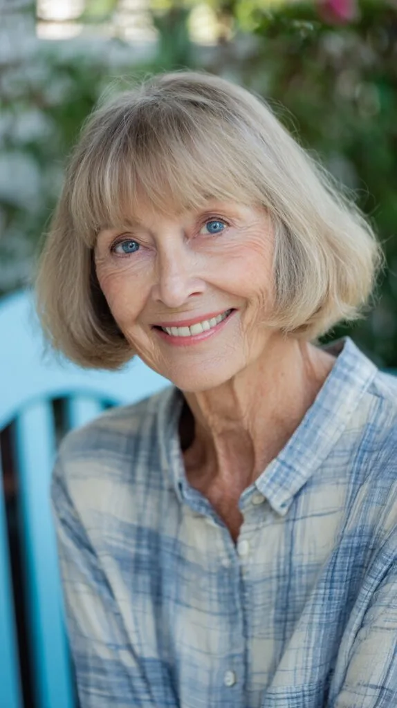 Light Silver Jaw-Length Bob with Blunt Curtain Bangs