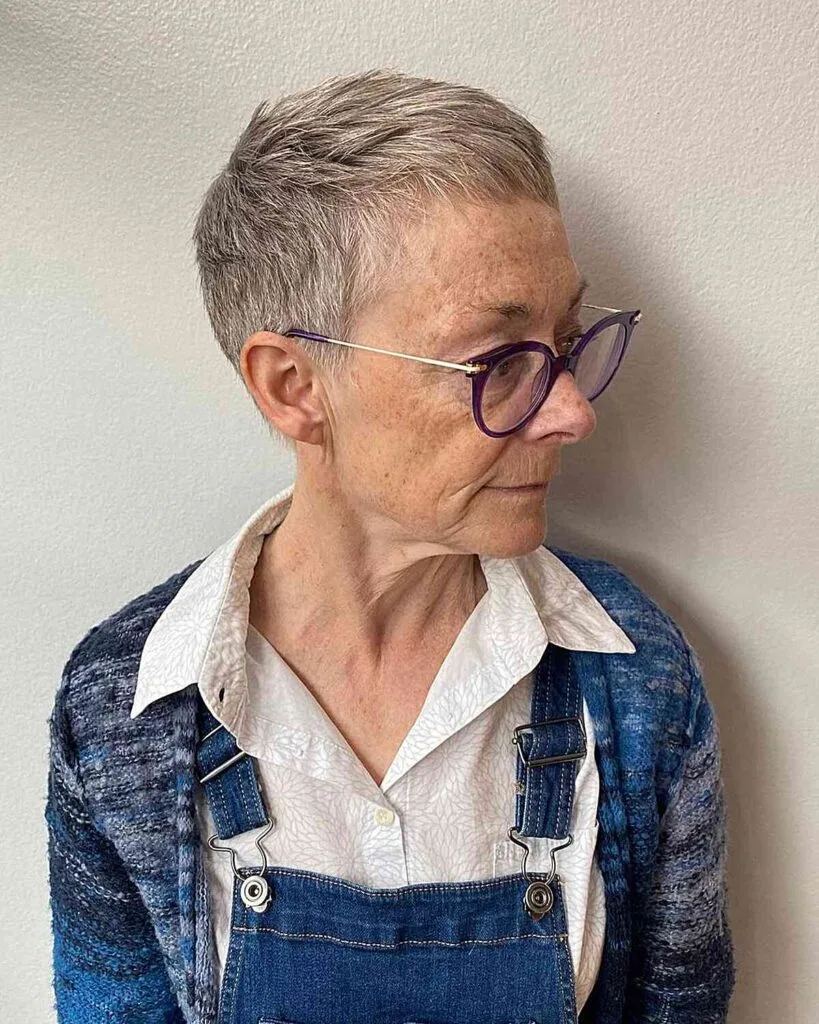 Low-Maintenance Natural Salt-and-Pepper Choppy Pixie Crop for Ladies Aged 70