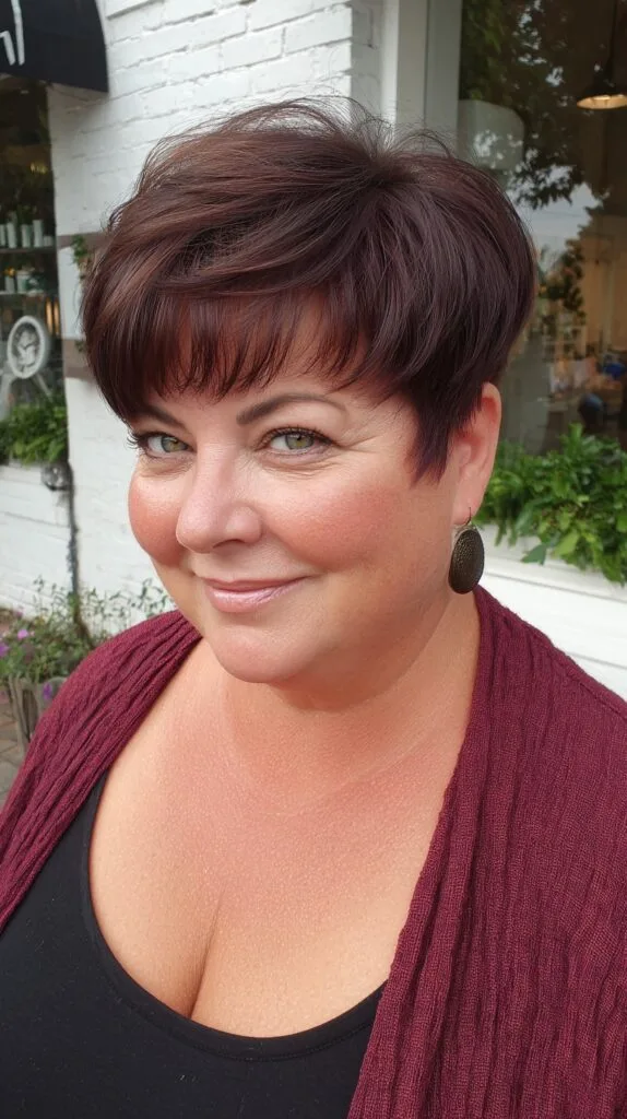 Mahogany Textured Pixie with Feathered Crown and Soft Micro-Bangs