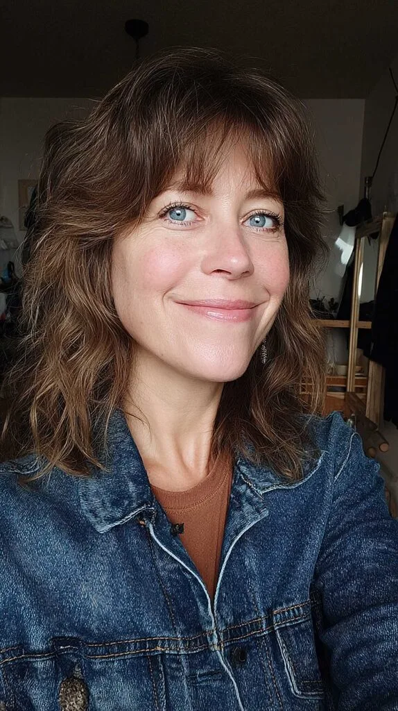 Medium brown wavy shag with tousled bangs, casual style