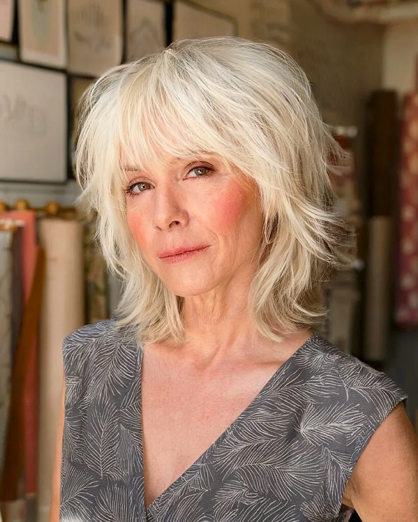 Medium-length shaggy bob with bangs and flicked ends for fine hair over 50