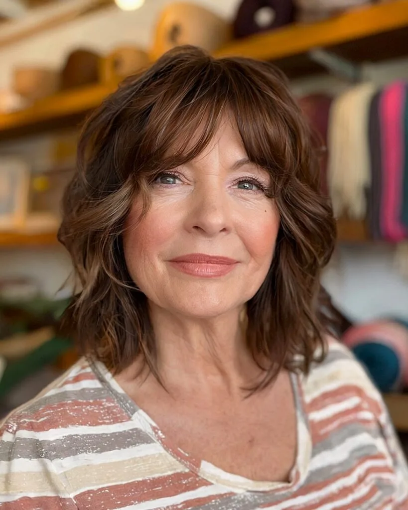 Medium shaggy bob with airy bangs and subtle waves for fine-haired women over 50