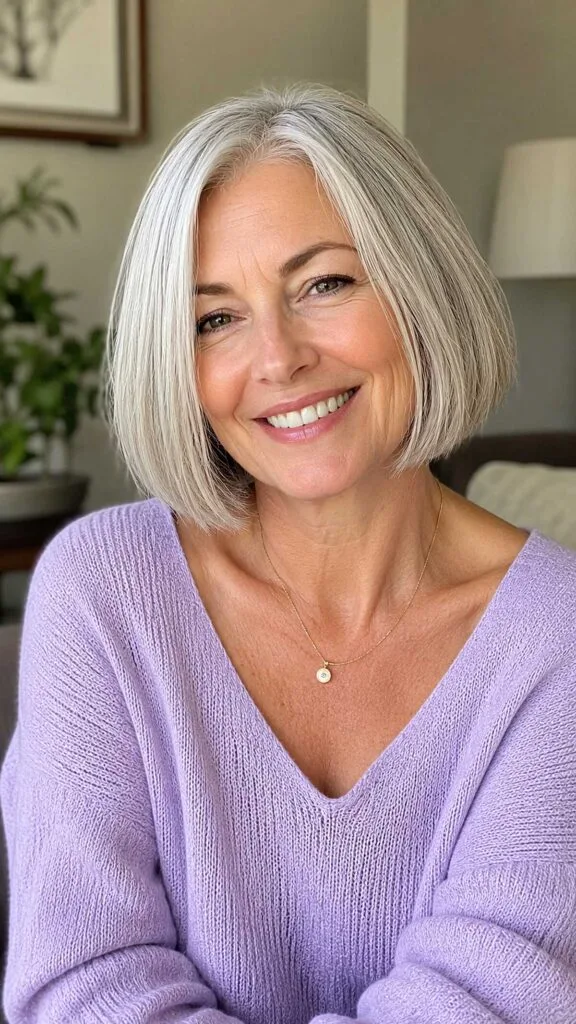 Minimal blunt silver bob with clean lines