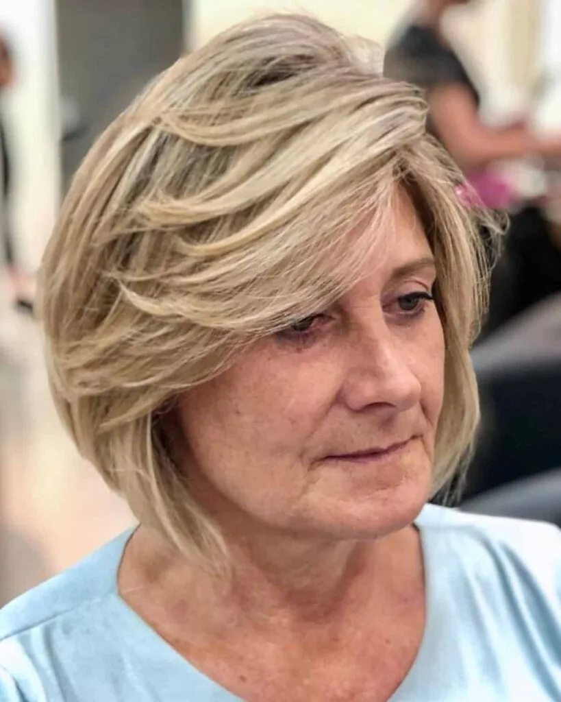 Modern angled bob cut for older ladies with thin hair