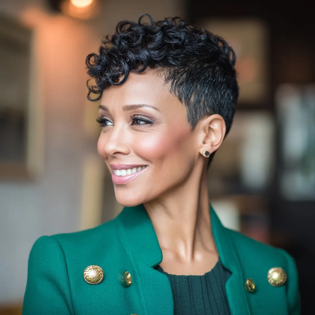 Modern Curly Pixie with Sharp Edges