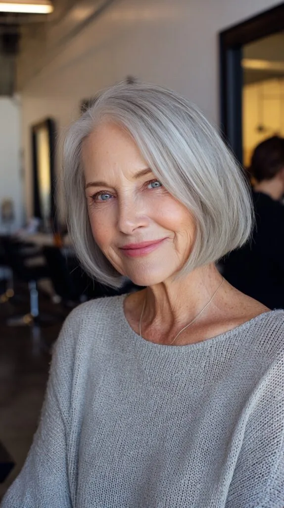 Modern Jaw-Grazing Silver Bob with Deep Left Side Part