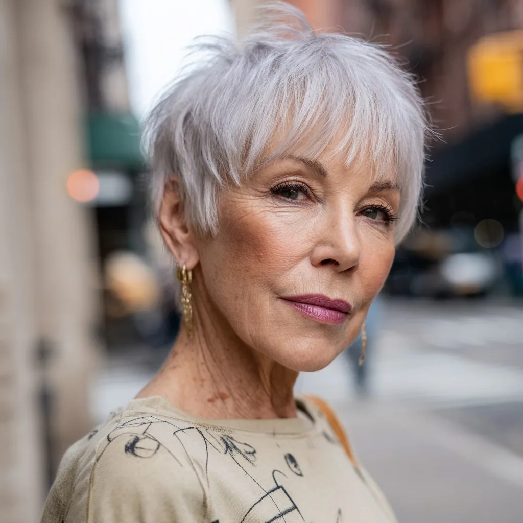 Modern Platinum Pixie Cut with Textured Long Bangs