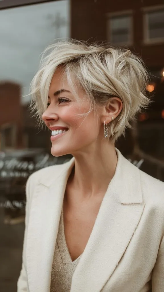 Modern Platinum Textured Pixie with Layered Waves
