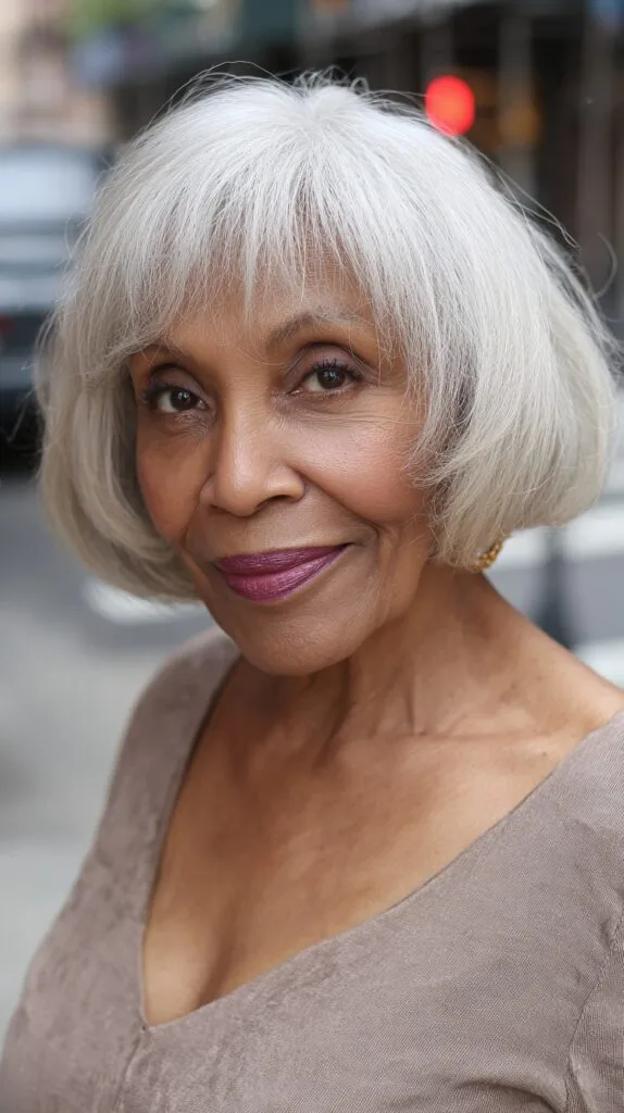 Modern Silver Layered Bob with Soft Bangs