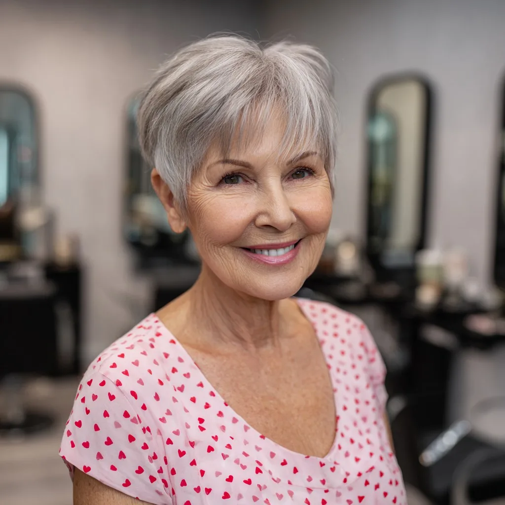 Modern Silver Pixie Cut with Playful Long Bangs