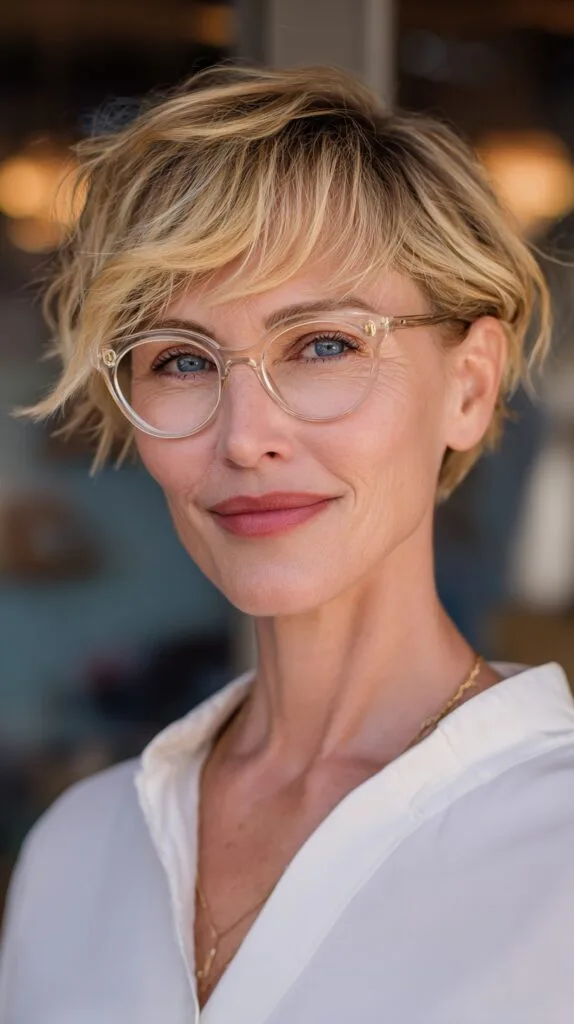 Piecey Blonde Textured Pixie with Clear-Frame Friendly Fringe