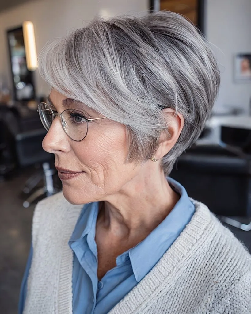 Pixie bob hairstyle with crown volume for women over 70 with silver layered hair