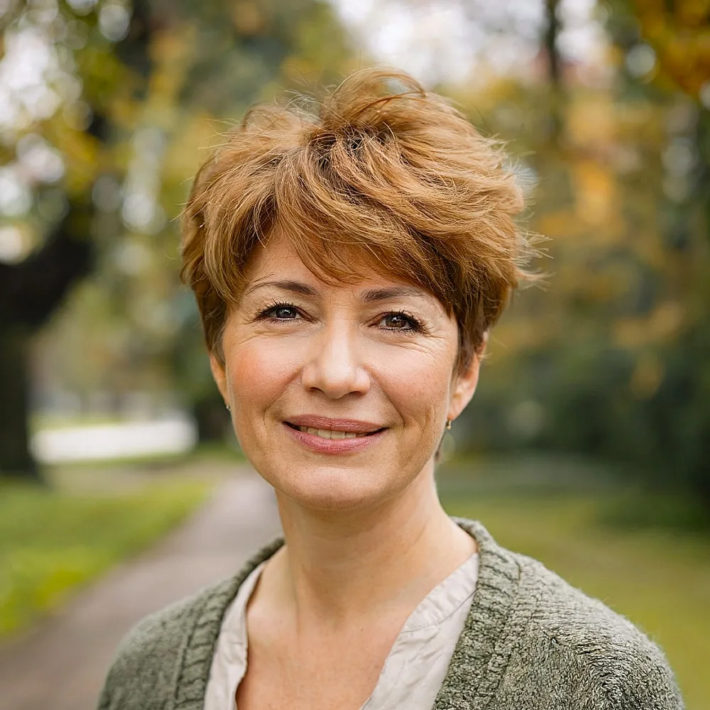 Pixie shag haircut with soft layers and side volume for round-faced women over 40
