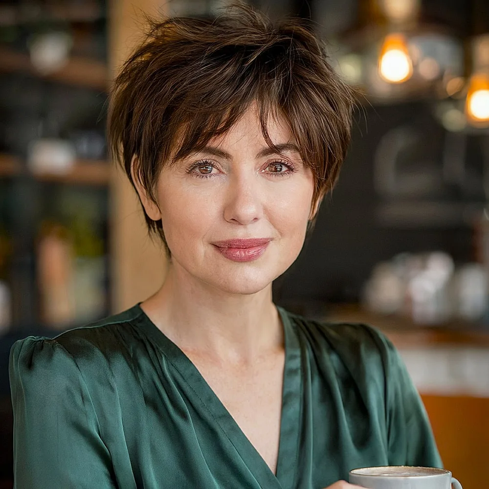 Pixie shag haircut with soft wispy bangs for women over 40, ideal for lightweight movement