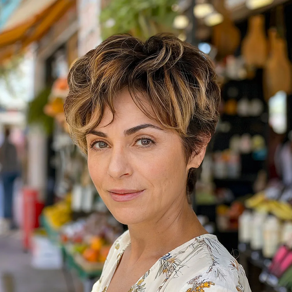 Pixie shag haircut with warm highlights and soft layers for women over 40, adding depth and dimension
